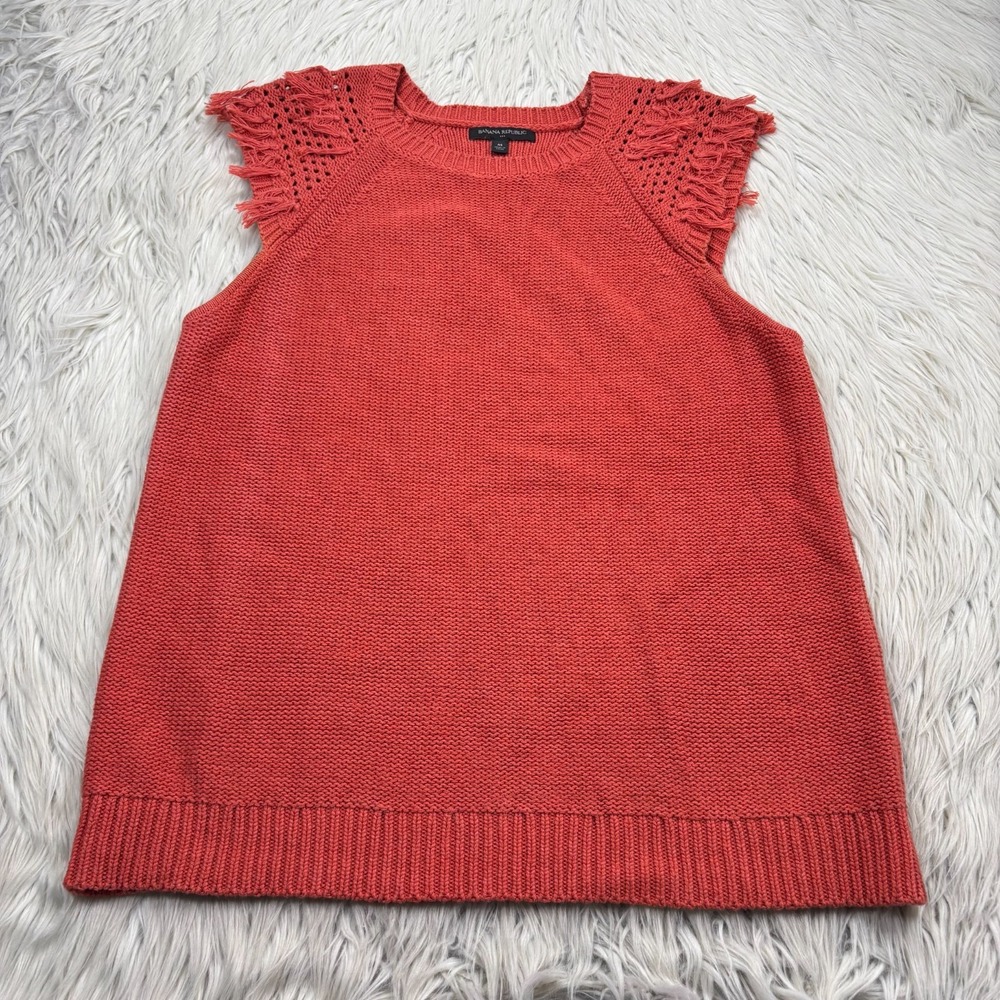 Banana Republic Women's M Red Fringe SS Sleeve Knit Sweater‎ Boho Coastal Preppy